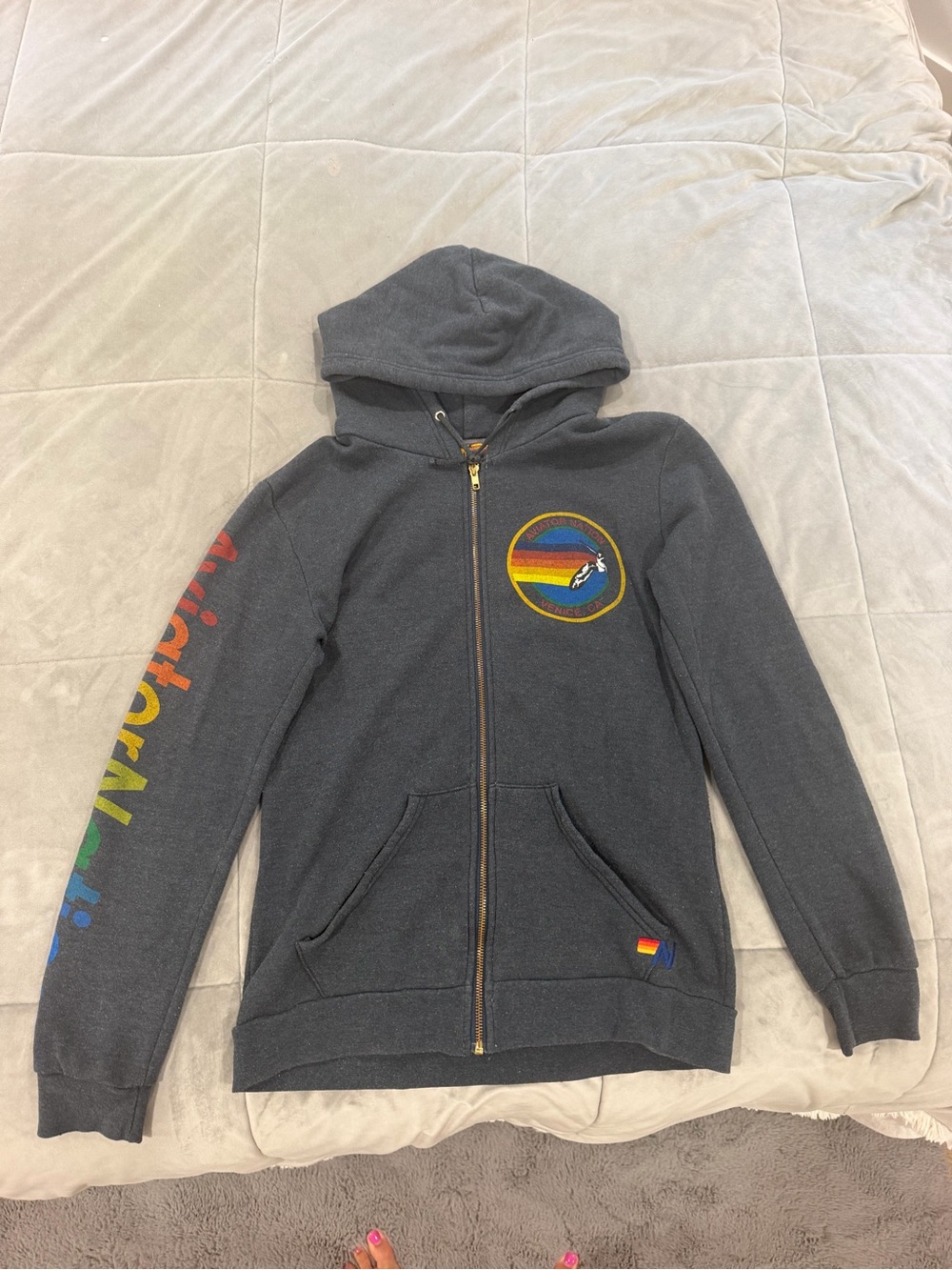 Aviator Nation Charcoal Zip Hoodie with Rainbow Logo and Sleeve Script